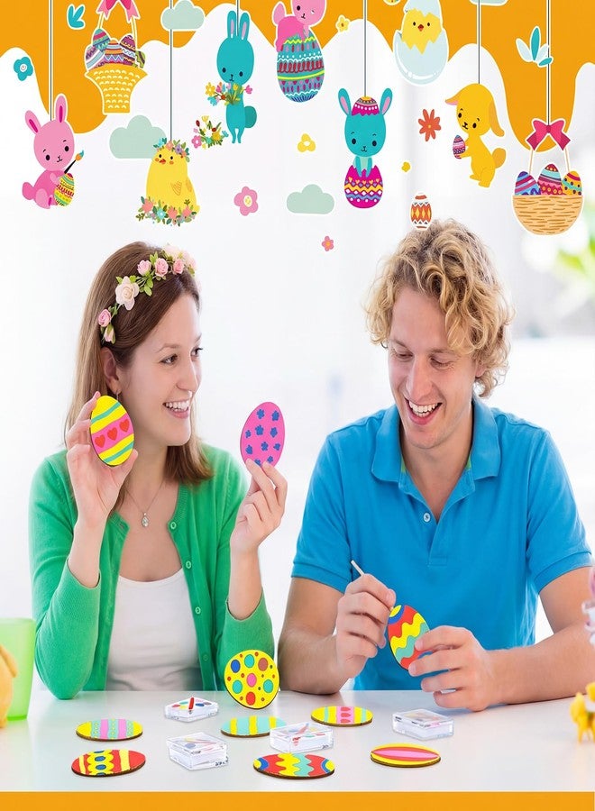 Silipull 30 Set Easter Egg Painting Kit Wood DIY Crafts Include Easter Eggs Unfinished Wooden Cutout Colorful Solid Paints and White Organza Bags for Painting Crafts and Decorations - Image 5